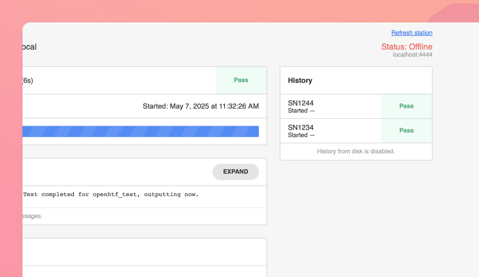 Operator UI showing station status and history of tested serial numbers